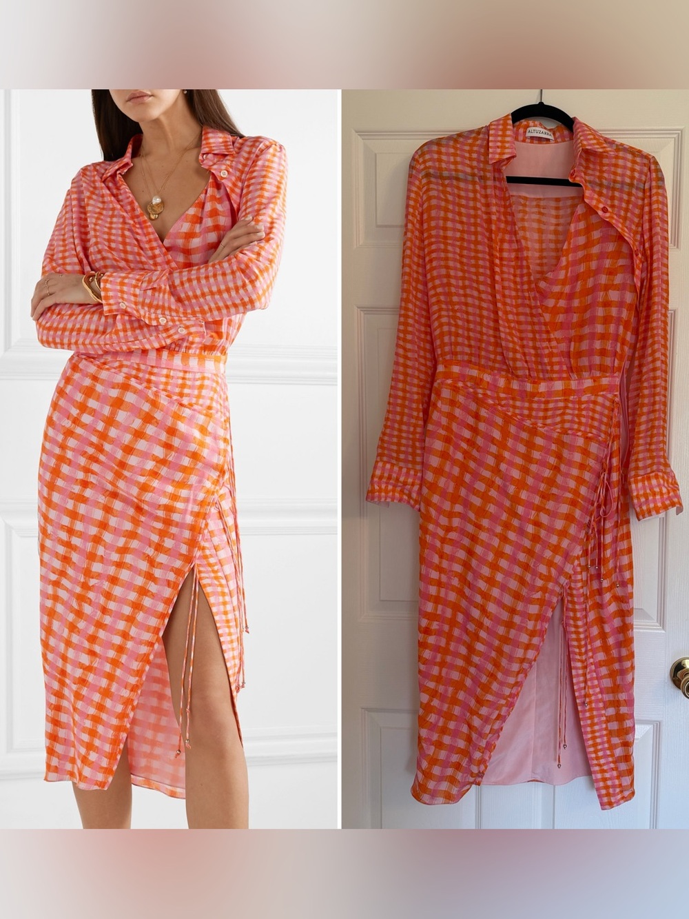 Altuzarra Pink & Orange Check Wrap Dress